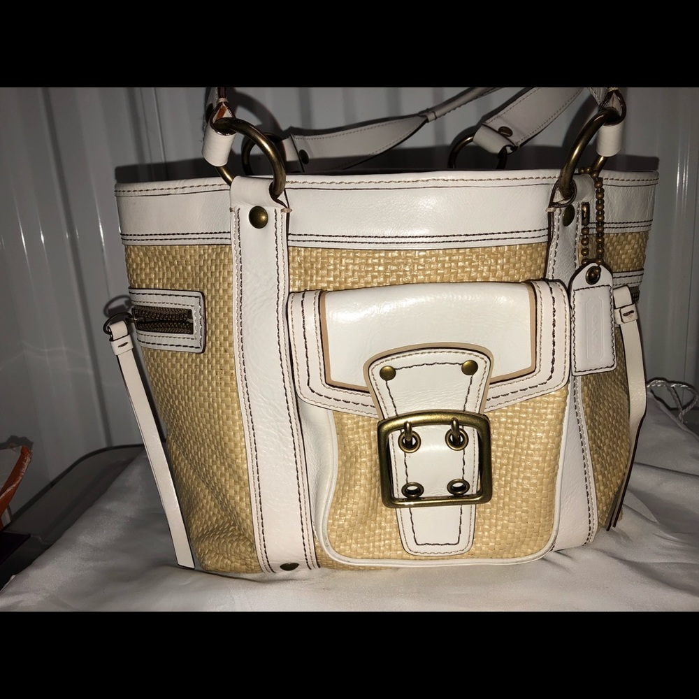 Vintage Straw and White Leather Coach Purse